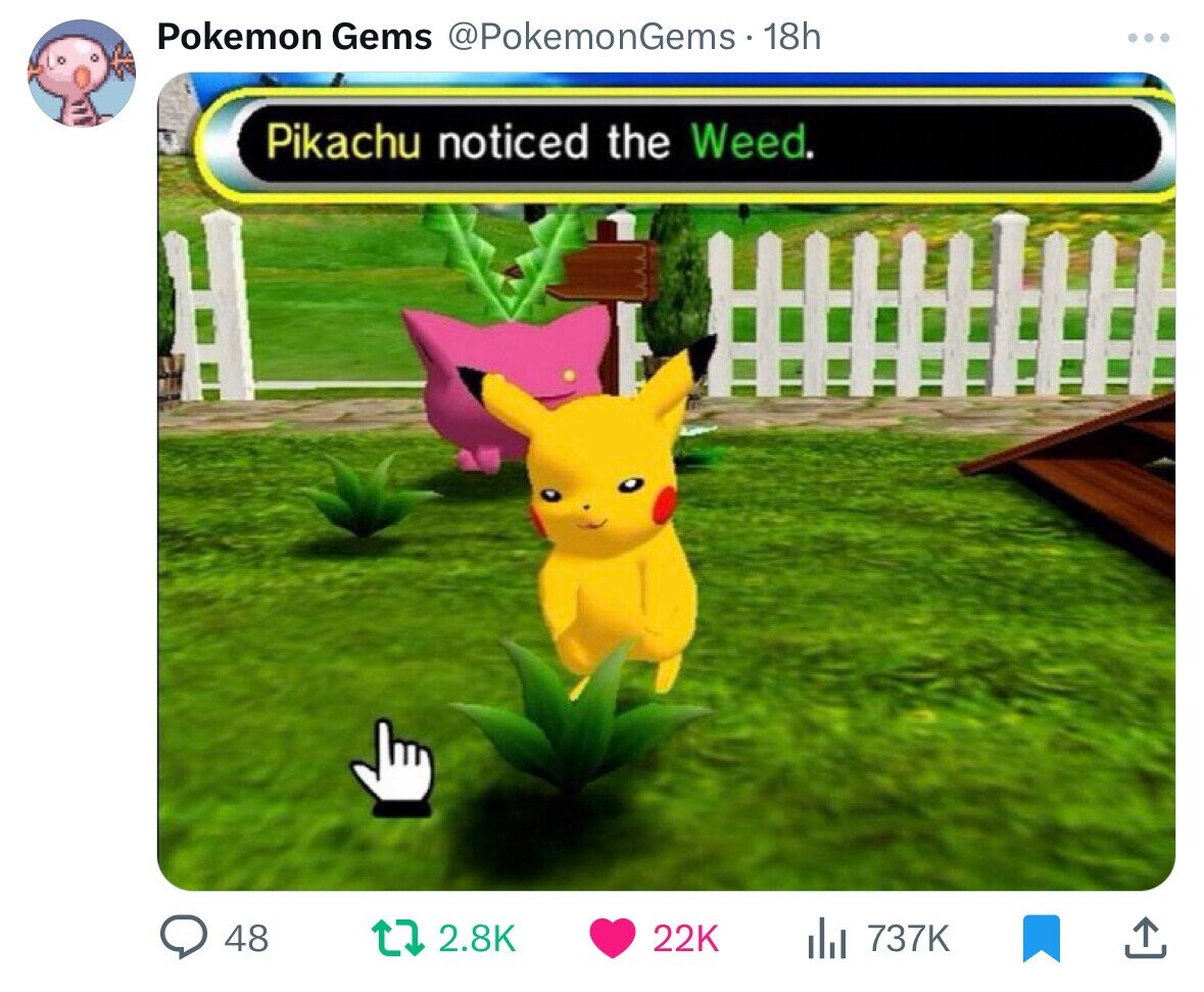 Pokemon Gems @PokemonGems 18h Pikachu noticed the Weed. 48 2.8K 22K del 737K