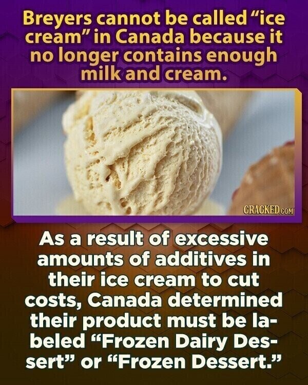 Breyers cannot be called ice cream in Canada because it no longer contains enough milk and cream. CRACKED.COM As a result of excessive amounts of additives in their ice cream to cut costs, Canada determined their product must be la- beled Frozen Dairy Des- sert or Frozen Dessert.