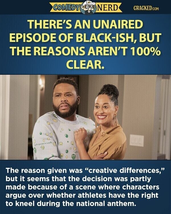 COMEDY NERD CRACKED.COM THERE'S AN UNAIRED EPISODE OF BLACK-ISH, BUT THE REASONS AREN'T 100% CLEAR. you you The reason given was creative differences, but it seems that the decision was partly made because of a scene where characters argue over whether athletes have the right to kneel during the national anthem.
