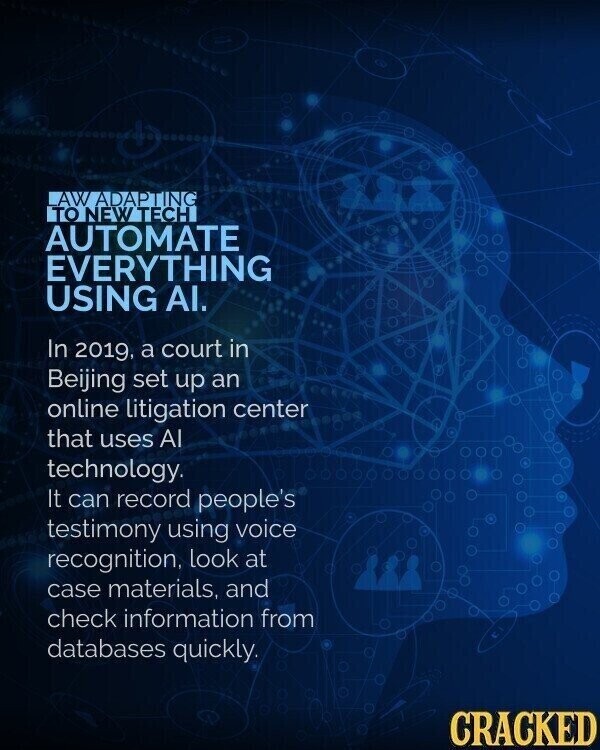 AW ADAPTING TO NEW TECH AUTOMATE EVERYTHING USING Al. In 2019, a court in Beijing set up an online litigation center that uses Al technology. It can record people's testimony using voice recognition, look at case materials, and check information from databases quickly. CRACKED