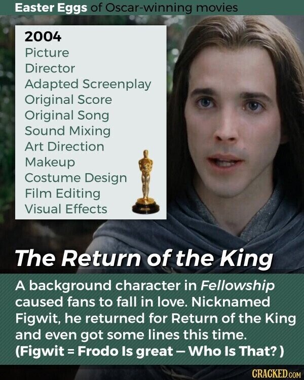 Easter Eggs of Oscar-winning movies 2004 Picture Director Adapted Screenplay Original Score Original Song Sound Mixing Art Direction Makeup Costume Design Film Editing Visual Effects The Return of the King A background character in Fellowship caused fans to fall in love. Nicknamed Figwit, he returned for Return of the King and even got some lines this time. (Figwit = Frodo Is great-Who Is That?) CRACKED.COM