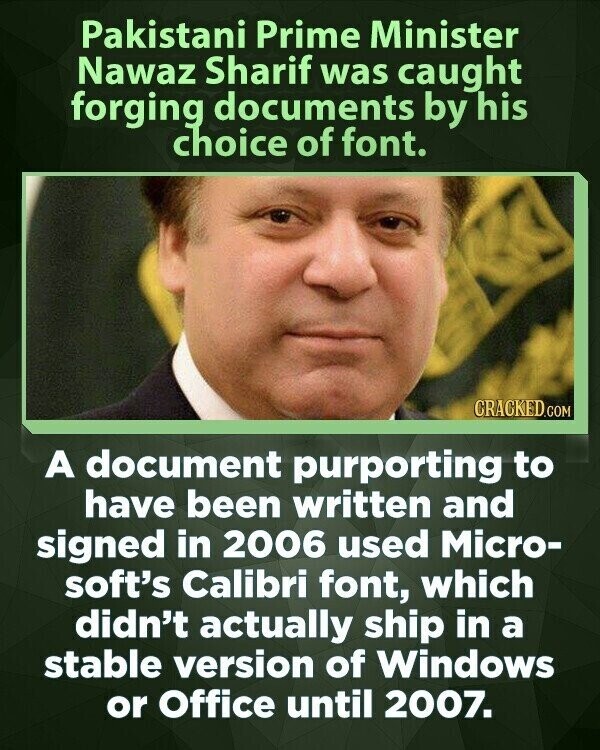 Pakistani Prime Minister Nawaz Sharif was caught forging documents by his choice of font. CRACKED.COM A document purporting to have been written and signed in 2006 used Micro- soft's Calibri font, which didn't actually ship in a stable version of Windows or Office until 2007.