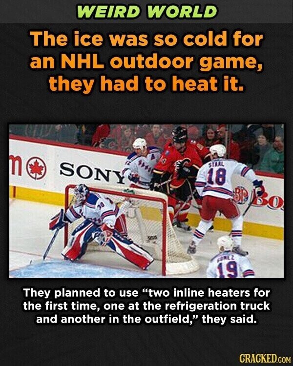 WEIRD WORLD The ice was SO cold for an NHL outdoor game, they had to heat it. m SONY STARL 18 BP Bo 30 USO FOMEZ 19 They planned to use two inline heaters for the first time, one at the refrigeration truck and another in the outfield, they said. CRACKED.COM