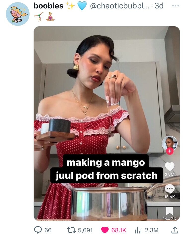 boobles @chaoticbubbl... 3d ... + making a mango juul pod from scratch 2.9M 15.6K 164.3K 66 5,691 68.1K 2.3M