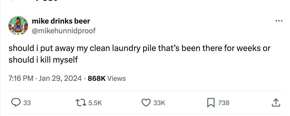mike drinks beer ... @mikehunnidproof should i put away my clean laundry pile that's been there for weeks or should i kill myself 7:16 PM Jan 29, 2024 868K Views 33 5.5K 33K 738