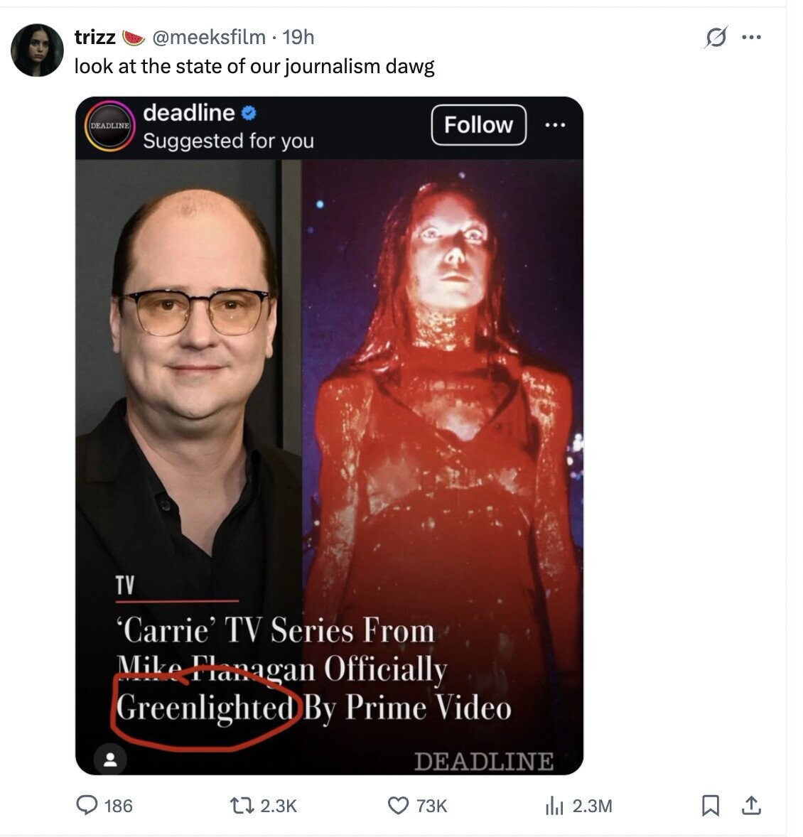 trizz @meeksfilm . 19h O ... look at the state of our journalism dawg deadline DEADLINE Follow ... Suggested for you TV 'Carrie' TV Series From Mike Flanagan Officially Greenlighted By Prime Video DEADLINE 186 2.3K 73K del 2.3M