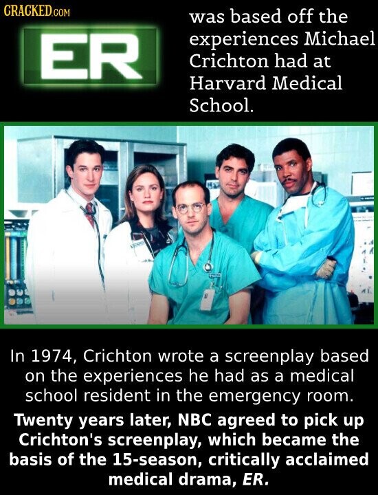 CRACKED.COM was based off the experiences Michael ER Crichton had at Harvard Medical School. In 1974, Crichton wrote a screenplay based on the experiences he had as a medical school resident in the emergency room. Twenty years later, NBC agreed to pick up Crichton's screenplay, which became the basis of the 15-season, critically acclaimed medical drama, ER.