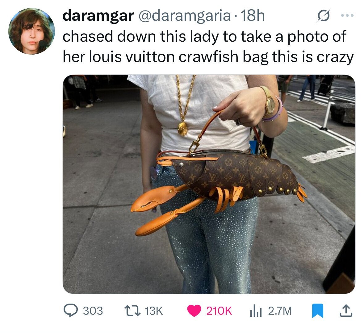 daramgar @daramgaria 18h G ... chased down this lady to take a photo of her louis vuitton crawfish bag this is crazy 303 13K 210K 2.7M 
