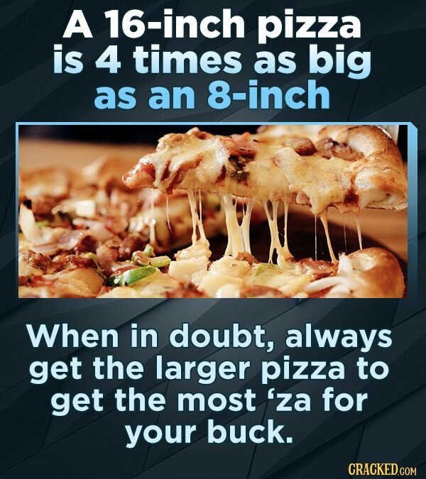 A 16-inch pizza is 4 times as big as an 8-inch When in doubt, always get the larger pizza to get the most 'za for your buck. CRACKED.COM
