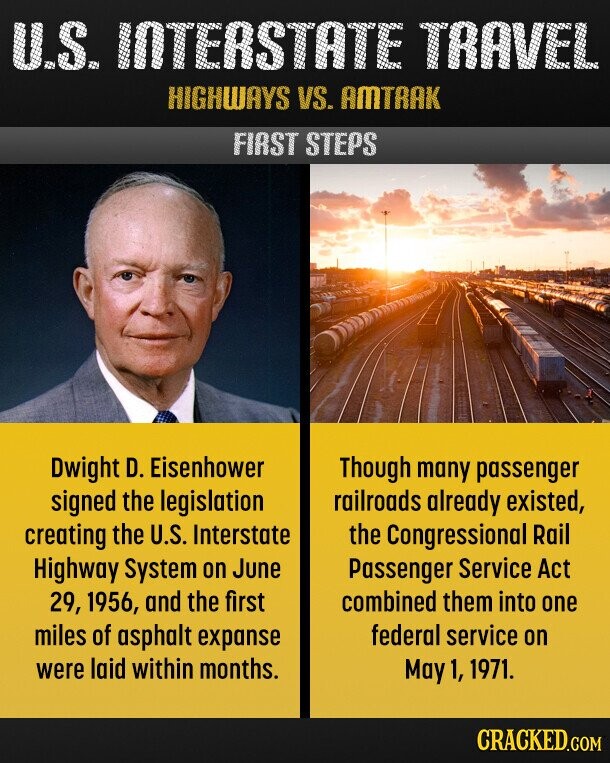 U.S. INTERSTATE TRAVEL HIGHWAYS VS. AMTRAK FIRST STEPS Though many passenger Dwight D. Eisenhower signed the legislation railroads already existed, creating the U.S. Interstate the Congressional Rail Highway System on June Passenger Service Act combined them into one 29, 1956, and the first miles of asphalt expanse federal service on were laid within months. May 1, 1971. CRACKED.COM