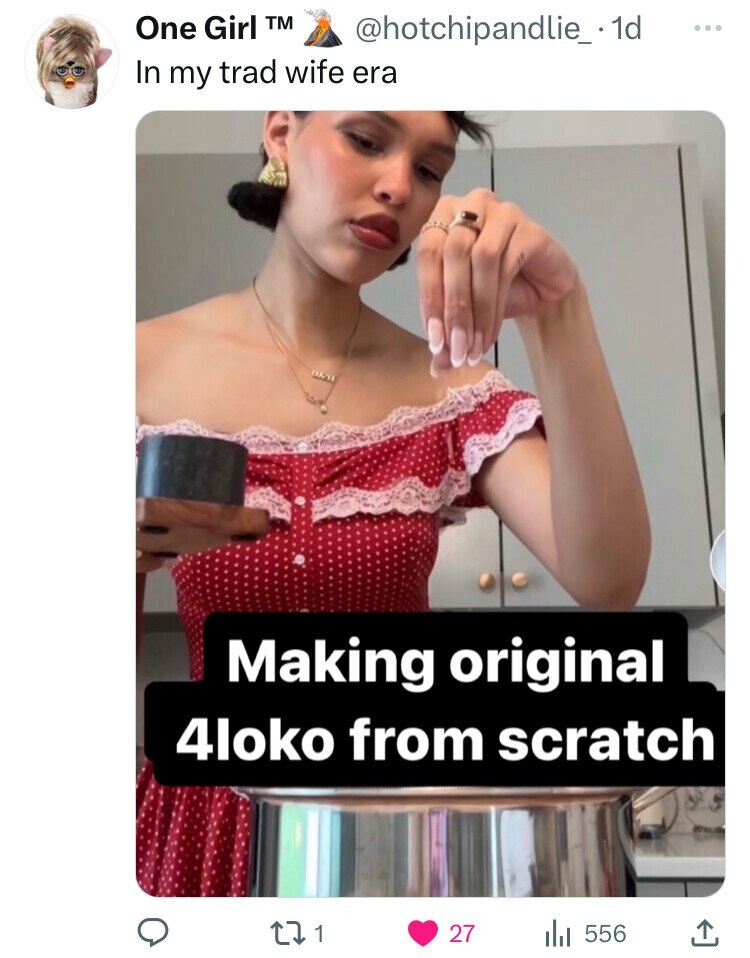 One Girl TM @hotchipandlie_.1d ... In my trad wife era Making original 4loko from scratch 1 27 556