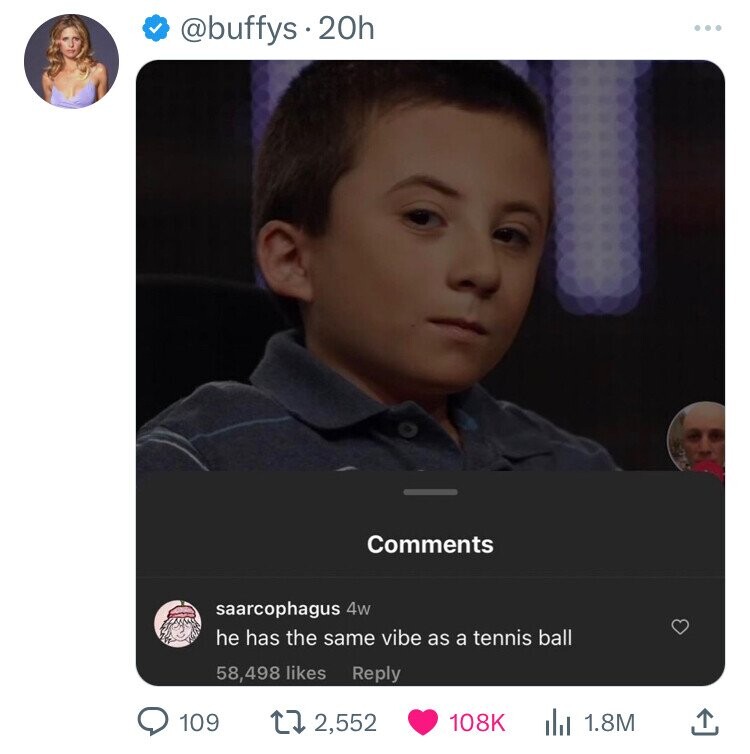 @buffys . 2 20h ... Comments saarcophagus 4w he has the same vibe as a tennis ball 58,498 likes Reply 109 2,552 108K 1.8M