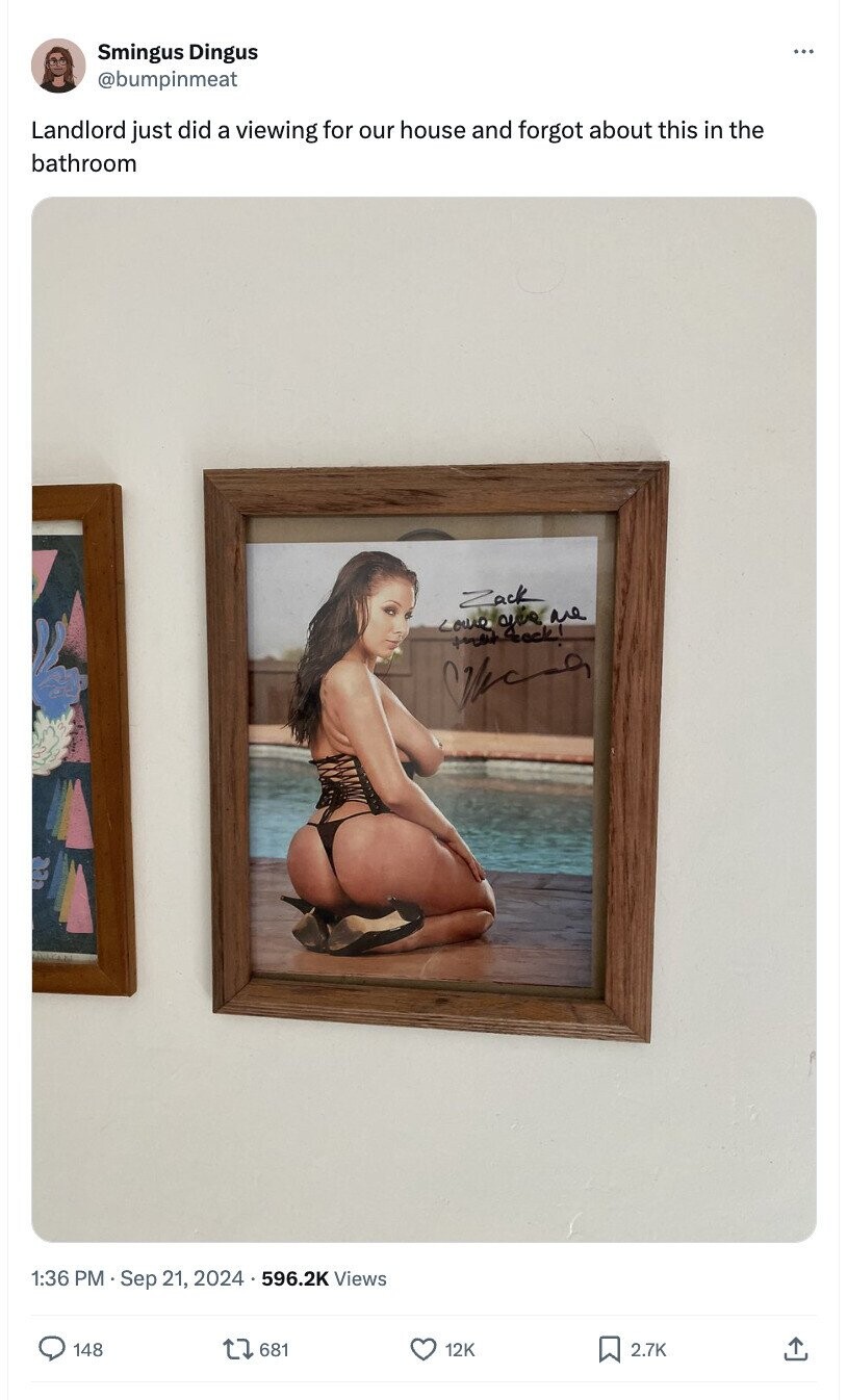 Smingus Dingus ... @bumpinmeat Landlord just did a viewing for our house and forgot about this in the bathroom Zack come their are عيال 1:36 PM Sep 21, 2024 596.2K Views 148 681 12K 2.7K