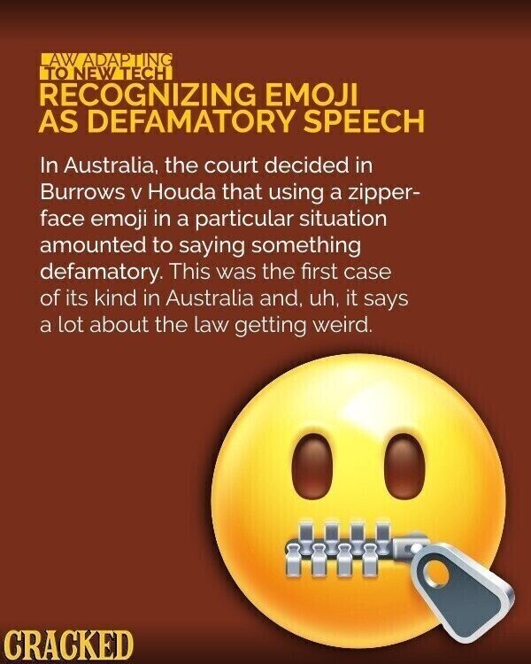 AW ADAPTING TO NEW TECH RECOGNIZING EMOJI AS DEFAMATORY SPEECH In Australia, the court decided in Burrows V Houda that using a zipper- face emoji in a particular situation amounted to saying something defamatory. This was the first case of its kind in Australia and, uh, it says a lot about the law getting weird. CRACKED