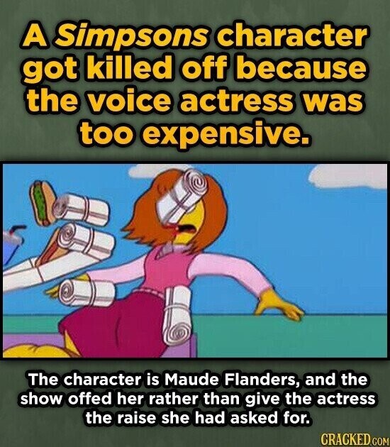 A Simpsons character got killed off because the voice actress was too expensive. The character is Maude Flanders, and the show offed her rather than give the actress the raise she had asked for. CRACKED.COM
