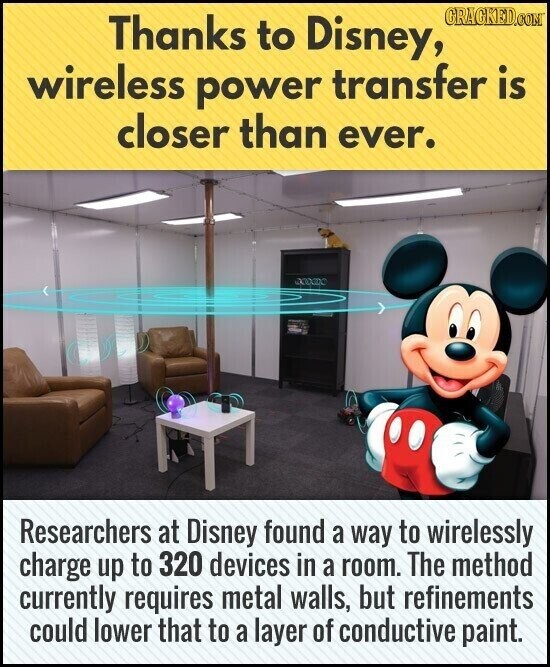 GRAGKED.NOT Thanks to Disney, wireless power transfer is closer than ever. Researchers at Disney found a way to wirelessly charge up to 320 devices in a room. The method currently requires metal walls, but refinements could lower that to a layer of conductive paint.