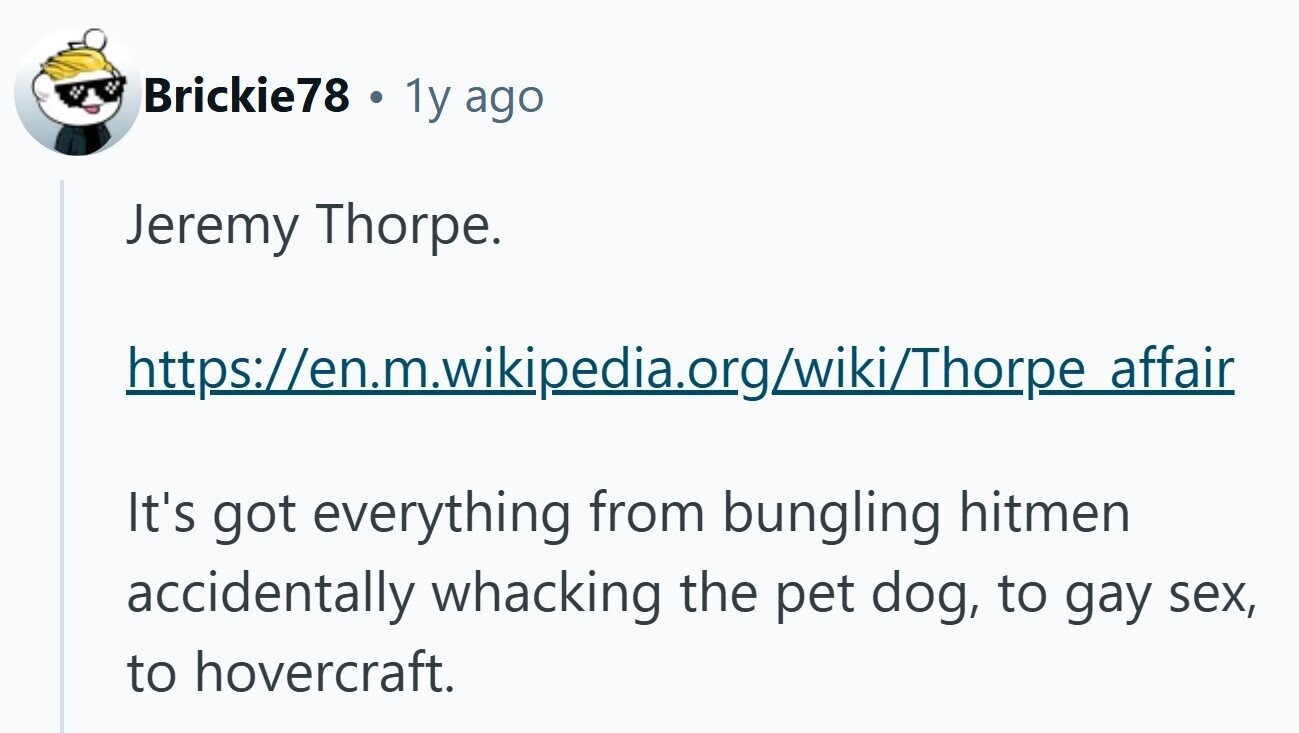 Brickie78 . 1y ago Jeremy Thorpe. https://en.m.wikipedia.org/wiki/Thorpe affair It's got everything from bungling hitmen accidentally whacking the pet dog, to gay sex, to hovercraft. 