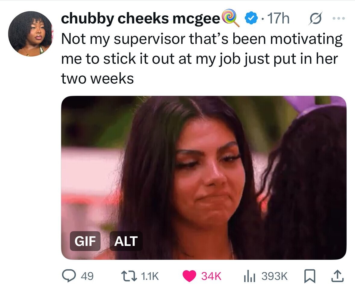 chubby cheeks mcgee 17h S ... Not my supervisor that's been motivating me to stick it out at my job just put in her two weeks GIF ALT 49 1.1K 34K del 393K 