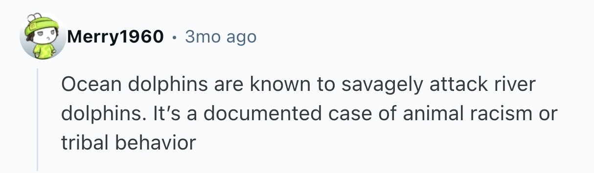Merry1960 . 3то ago Ocean dolphins are known to savagely attack river dolphins. It's a documented case of animal racism or tribal behavior 