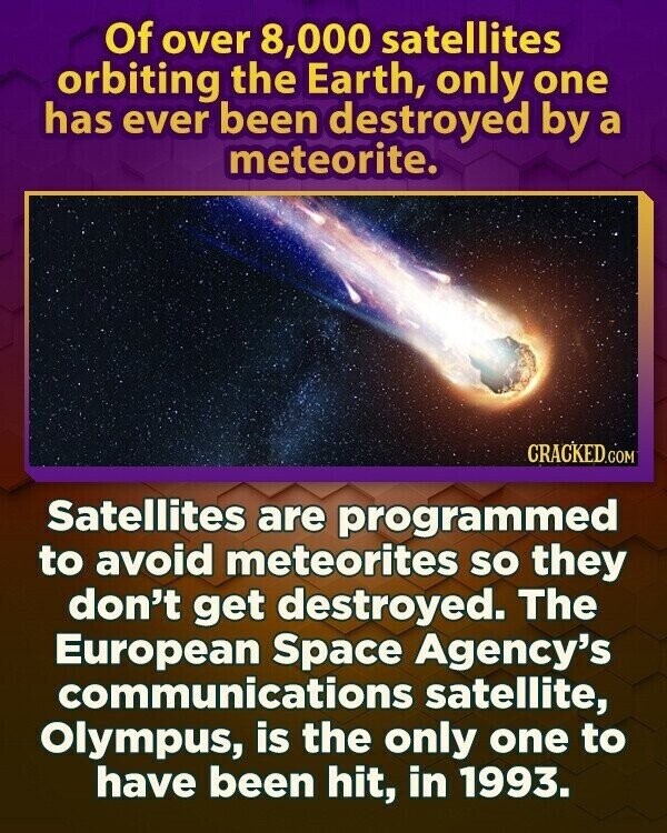 Of over 8,000 satellites orbiting the Earth, only one has ever been destroyed by a meteorite. CRACKED.COM Satellites are programmed to avoid meteorites so they don't get destroyed. The European Space Agency's communications satellite, Olympus, is the only one to have been hit, in 1993.