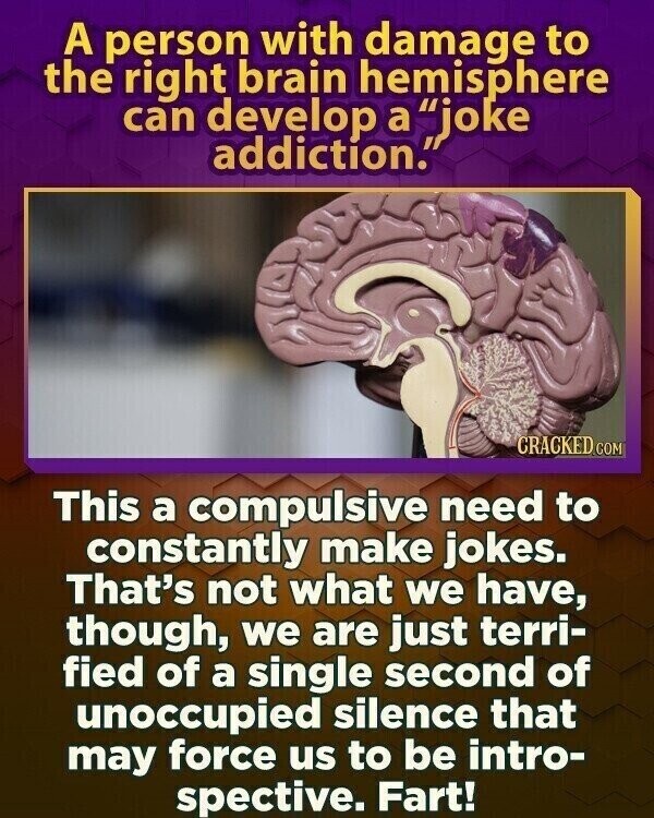 A person with damage to the right brain hemisphere can develop a joke addiction. CRACKED.COM This a compulsive need to constantly make jokes. That's not what we have, though, we are just terri- fied of a single second of unoccupied silence that may force us to be intro- spective. Fart!