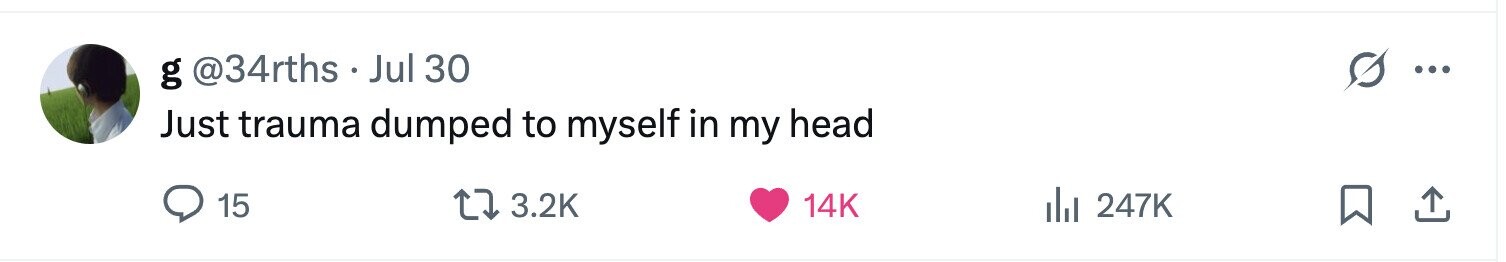 g @34rths Jul 30 ... Just trauma dumped to myself in my head 15 3.2K 14K 247K