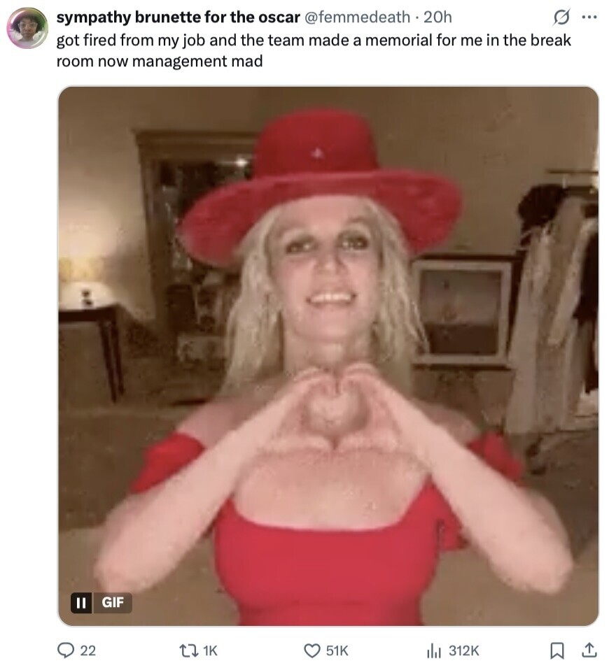 G ... sympathy brunette for the oscar @femmedeath . 20h got fired from my job and the team made a memorial for me in the break room now management mad GIF 22 1K 51K 312K 