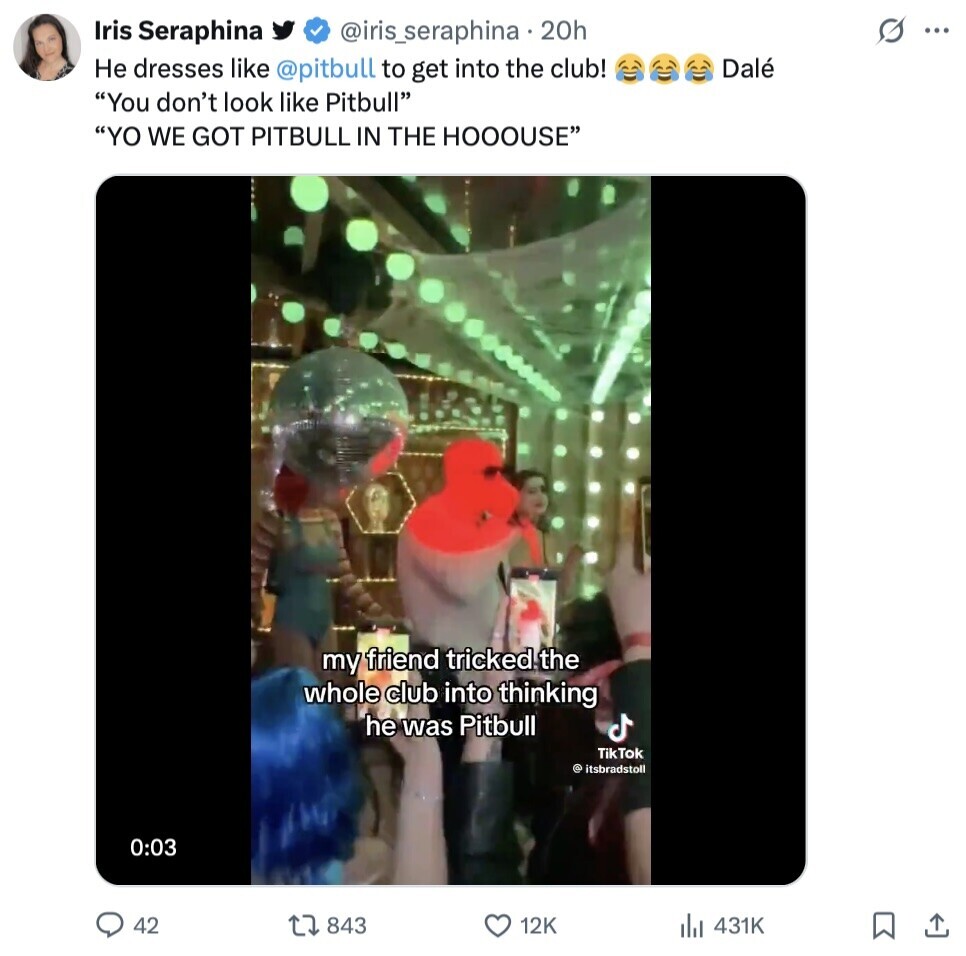 s ... Iris Seraphina @iris_seraphina 20h Dalé Не dresses like @pitbull to get into the club! You don't look like Pitbull YO WE GOT PITBULL IN THE HOOOUSE my friend tricked the whole club into thinking he was Pitbull TikTok @ itsbradstoll 0:03 42 843 12K 431K 