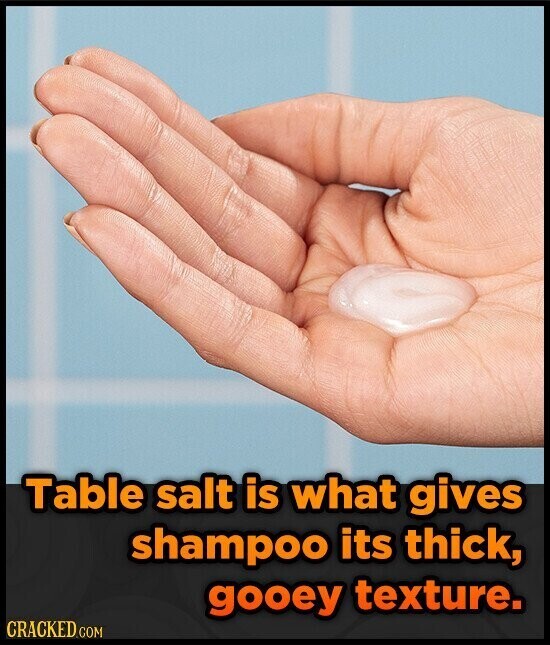 Table salt is what gives shampoo its thick, gooey texture. CRACKED COM