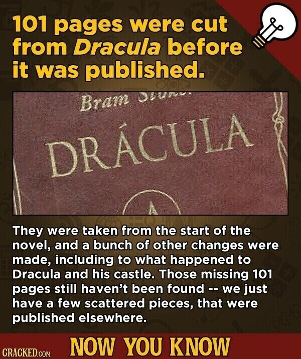 101 pages were cut from Dracula before it was published. Bram Stom DRACULA They were taken from the start of the novel, and a bunch of other changes were made, including to what happened to Dracula and his castle. Those missing 101 pages still haven't been found -- we just have a few scattered pieces, that were published elsewhere. NOW YOU KNOW CRACKED.COM