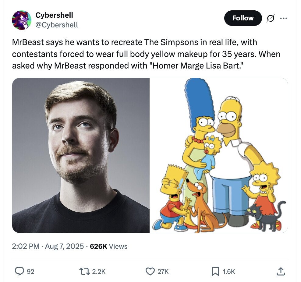 Cybershell Follow ... www. @Cybershell MrBeast says he wants to recreate The Simpsons in real life, with contestants forced to wear full body yellow makeup for 35 years. When asked why MrBeast responded with Homer Marge Lisa Bart. 2:02 PM Aug 7, 2025 626K Views 92 2.2K 27K 1.6K 