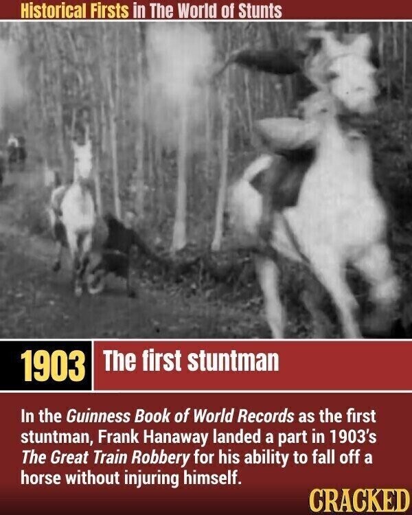 Historical Firsts in The World of Stunts The first stuntman 1903 In the Guinness Book of World Records as the first stuntman, Frank Hanaway landed a part in 1903's The Great Train Robbery for his ability to fall off a horse without injuring himself. CRACKED