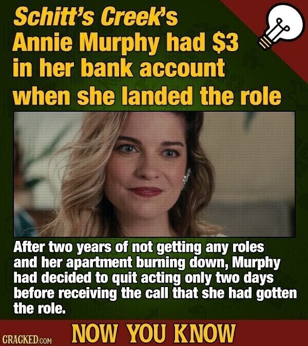 Schitt's Creek's Annie Murphy had $3 in her bank account when she landed the role After two years of not getting any roles and her apartment burning down, Murphy had decided to quit acting only two days before receiving the call that she had gotten the role. NOW YOU KNOW CRACKED.COM