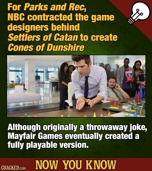 For Parks and Rec, NBC contracted the game designers behind Settlers of Catan to create Cones of Dunshire Although originally a throwaway joke, Mayfair Games eventually created a fully playable version. NOW YOU KNOW CRACKED.COM
