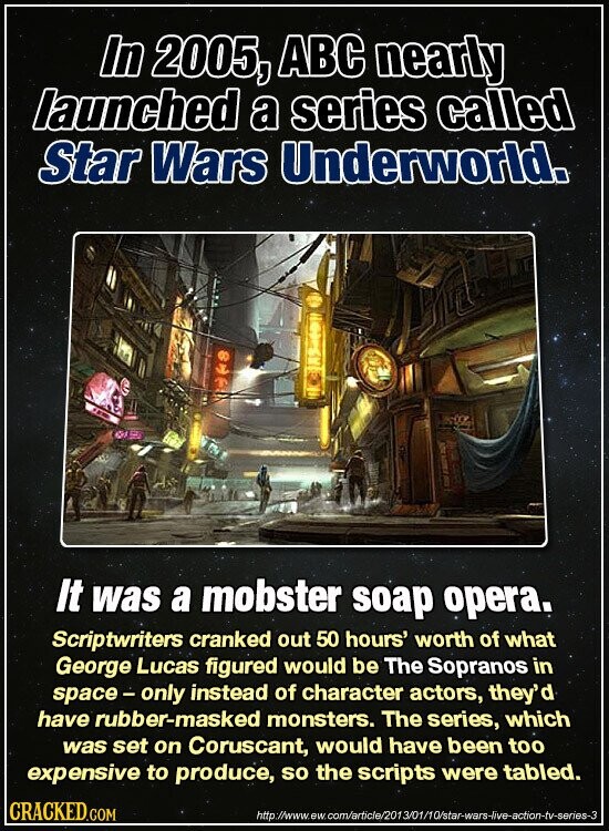 In 2005, ABC nearly launched a series called Star Wars Underworld. It was a mobster soap opera. Scriptwriters cranked out 50 hours' worth of what George Lucas figured would be The Sopranos in space-only instead of character actors, they'd have rubber-masked monsters. The series, which was set on Coruscant, would have been too expensive to produce, so the scripts were tabled. CRACKED.COM http://www.ew.com/article/2013/01/10/star-wars-live-action-tv-series-3