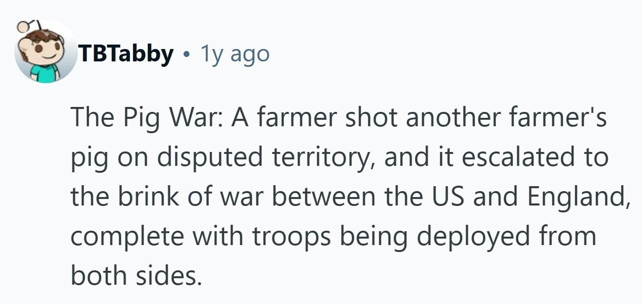 TBTabby ® 1y ago The Pig War: A farmer shot another farmer's pig on disputed territory, and it escalated to the brink of war between the US and England, complete with troops being deployed from both sides. 
