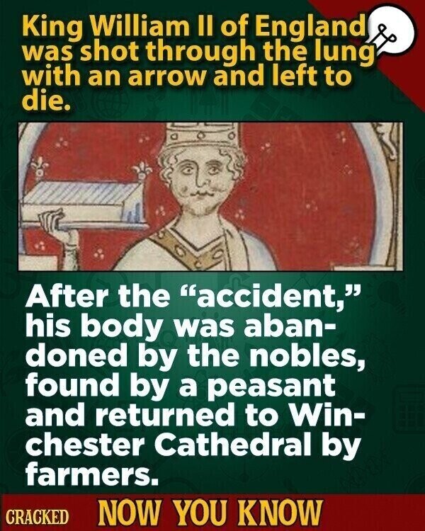 King William II of England was shot through the lung with an arrow and left to die. After the accident, his body was aban- doned by the nobles, found by a peasant and returned to Win- chester Cathedral by farmers. CRACKED NOW YOU KNOW