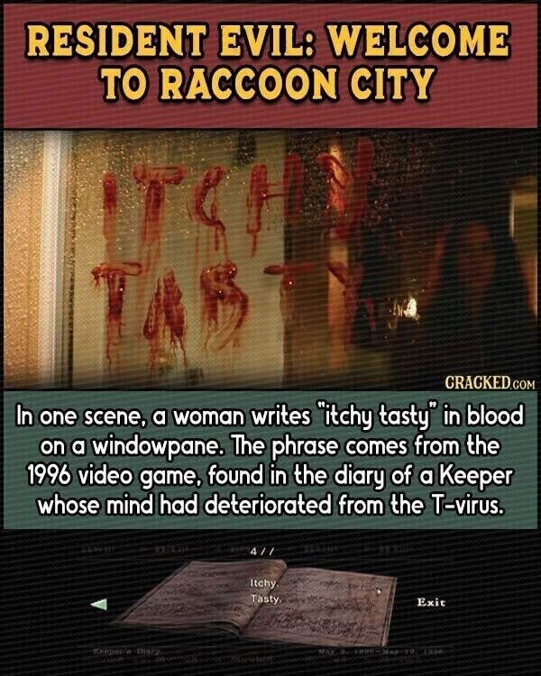 RESIDENT EVIL: WELCOME TO RACCOON CITY CRACKED.COM In one scene, a woman writes itchy tasty in blood on a windowpane. The phrase comes from the 1996 video game, found in the diary of a Keeper whose mind had deteriorated from the T-virus. 4/1 Itchy Tasty. Exit Keeper'e mary MAY Marito CUDA