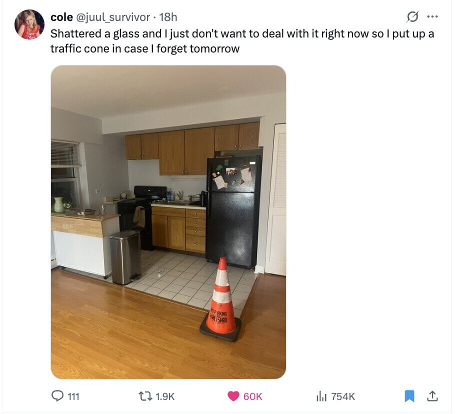 cole @juul_survivor. 18h G ... set Wed Shattered a glass and I just don't want to deal with it right now so put up a traffic cone in case I forget tomorrow OP ARKING SALTSHED 111 1.9K 60K del 754K 