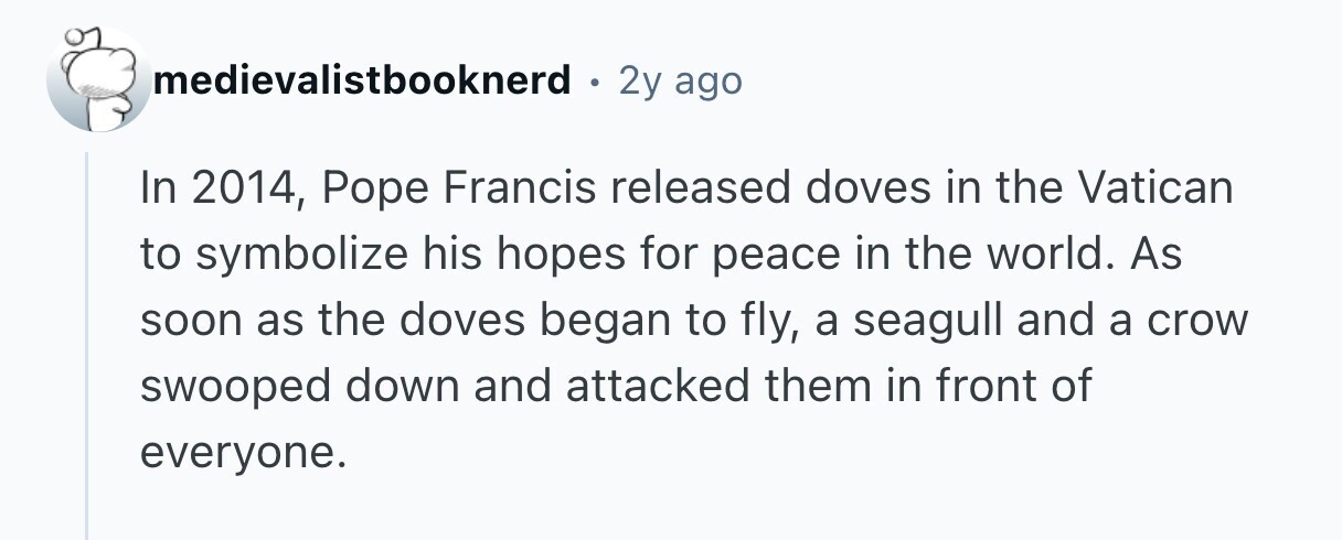 medievalistbooknerd . 2y ago In 2014, Pope Francis released doves in the Vatican to symbolize his hopes for peace in the world. As soon as the doves began to fly, a seagull and a crow swooped down and attacked them in front of everyone. 