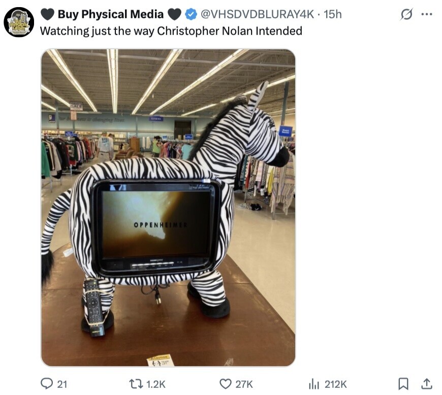 G ... Buy Physical Media @VHSDVDBLURAY4K 15h Watching just the way Christopher Nolan Intended SALT S POPER в from Ersess OPPENHEIMER ELCAUTION TM 21 1.2K 27K del 212K 