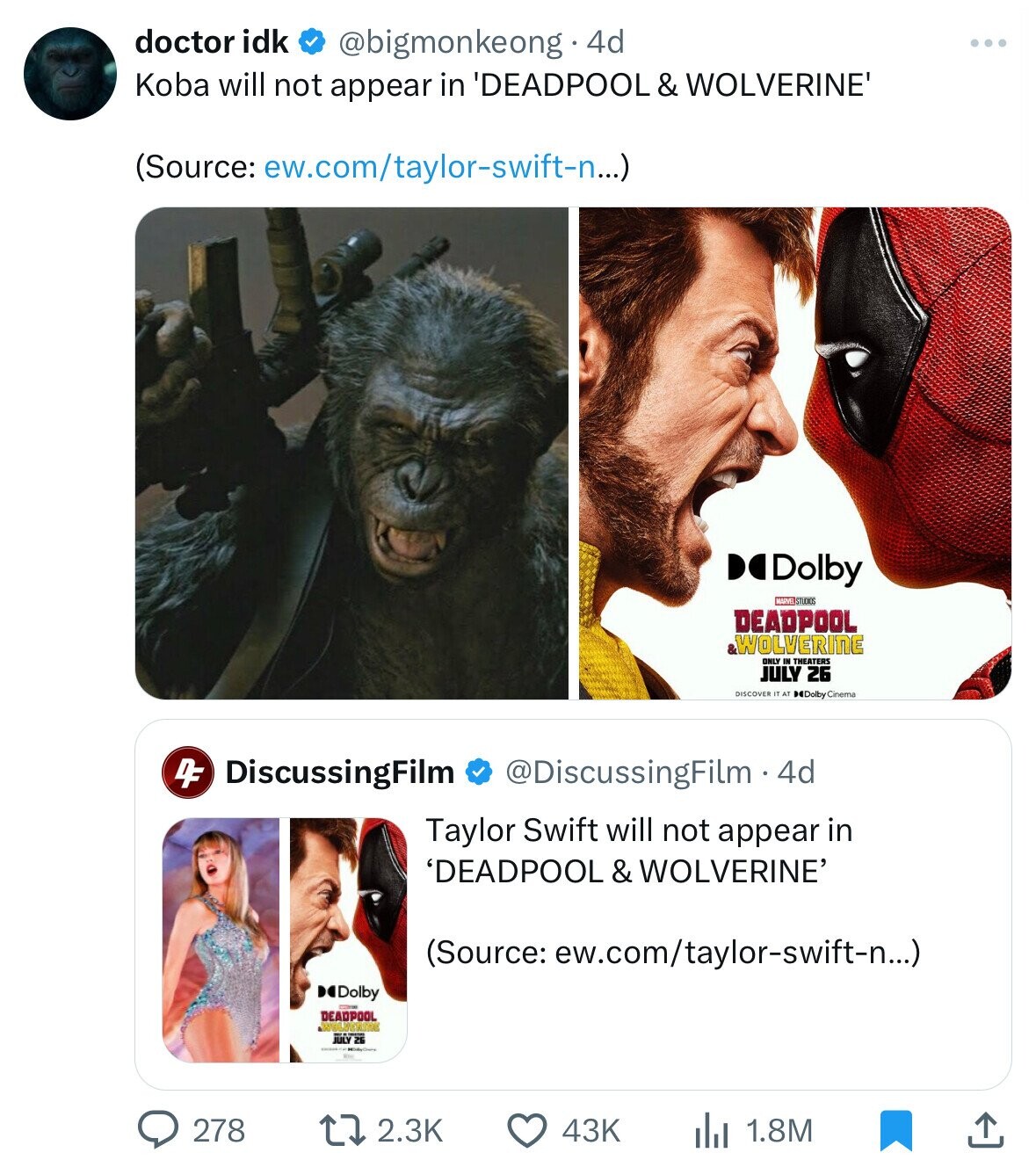 doctor idk @bigmonkeong 4d Koba will not appear in 'DEADPOOL & WOLVERINE' (Source: ew.com/taylor-swift-n...) Delby MARVEL STUDIOS DEADPOOL WOLVERINE ONLY IN THEATERS JULY 26 DISCOVER IT AT Dolby Cinema DF DiscussingFilm @DiscussingFilm - 4d Taylor Swift will not appear in 'DEADPOOL & WOLVERINE' (Source: ew.com/taylor-swift-n...) Dolby DEADPOOL was JULY 26 278 2.3K 43K 1.8M