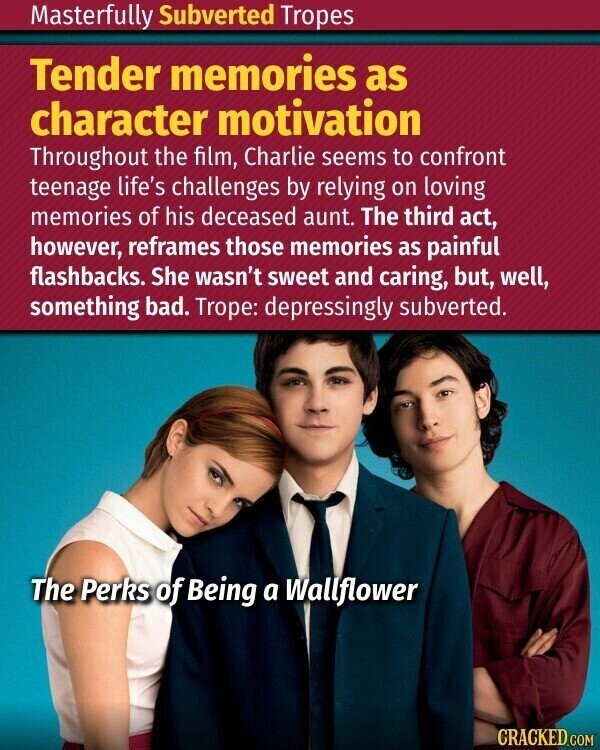 Masterfully Subverted Tropes Tender memories as character motivation Throughout the film, Charlie seems to confront teenage life's challenges by relying on loving memories of his deceased aunt. The third act, however, reframes those memories as painful flashbacks. She wasn't sweet and caring, but, well, something bad. Trope: depressingly subverted. The Perks of Being a Wallflower CRACKED.COM