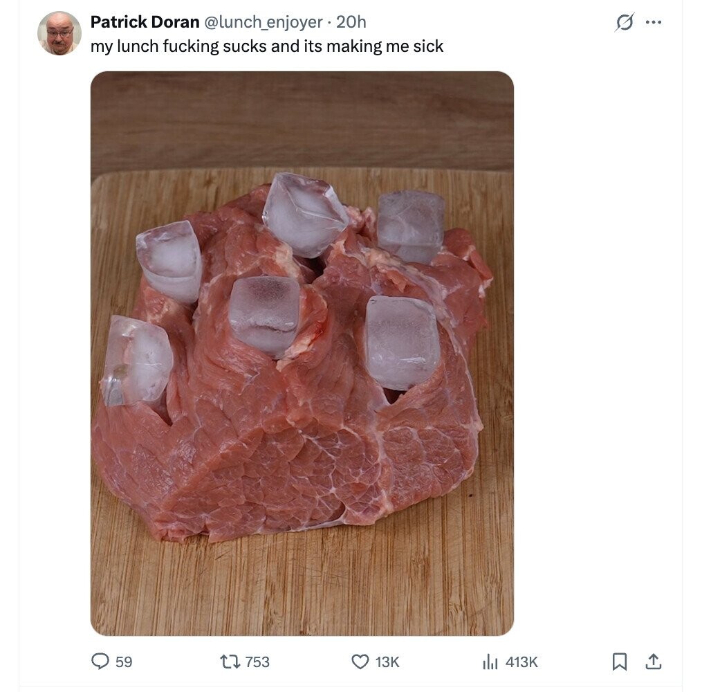 Patrick Doran @lunch_enjoyer 20h s ... my lunch fucking sucks and its making me sick 59 753 13K 413K 