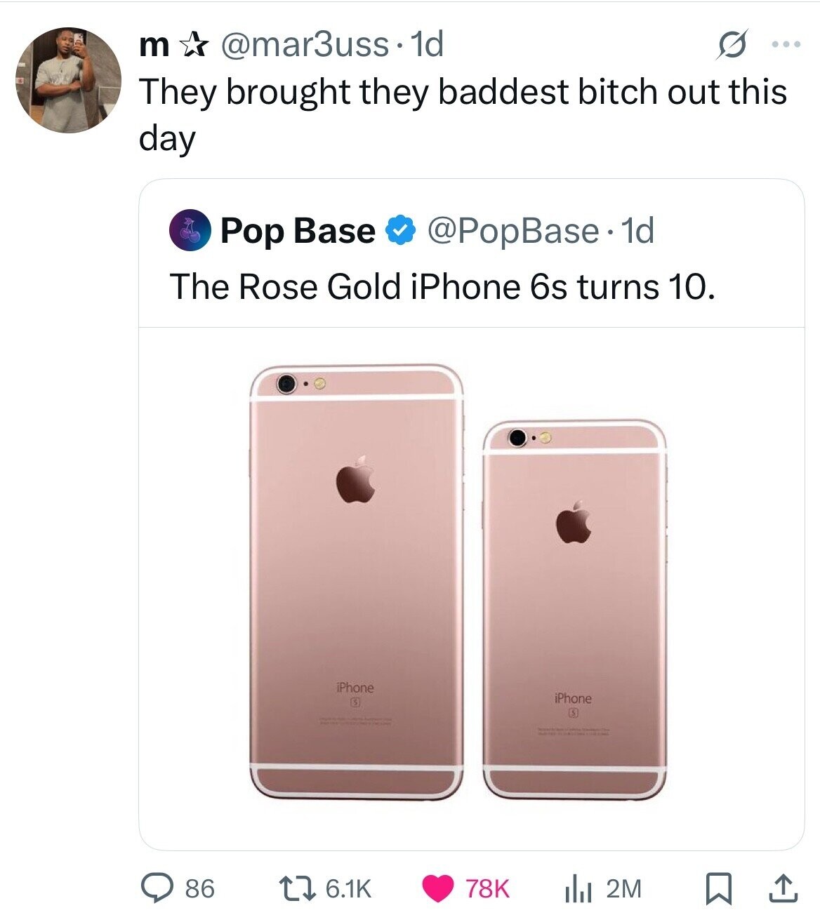 m @mar3uss.1 1d G ... They brought they baddest bitch out this day Pop Base @PopBase.1 1d The Rose Gold iPhone 6s turns 10. iPhone iPhone - 6.1K 78K 86 2M 