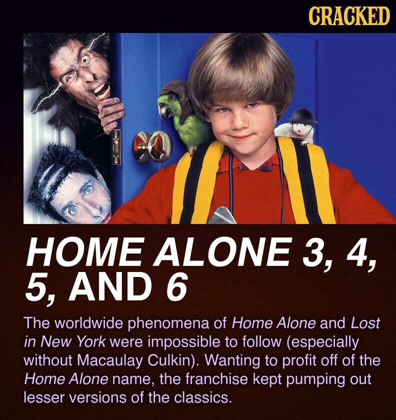 CRACKED HOME ALONE 3, 4, 5, AND 6 The worldwide phenomena of Home Alone and Lost in New York were impossible to follow (especially without Macaulay Culkin). Wanting to profit off of the Home Alone name, the franchise kept pumping out lesser versions of the classics.