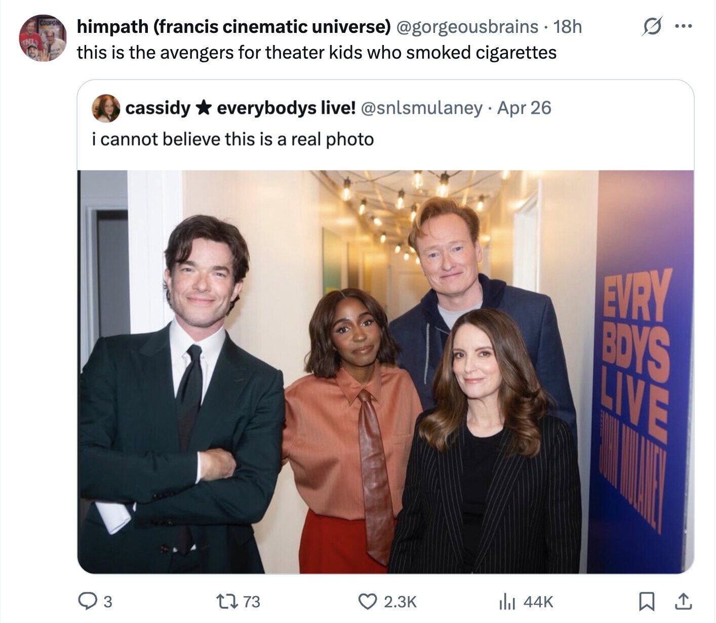COUPON himpath (francis cinematic universe) @gorgeousbrains 18h O ... TNL this is the avengers for theater kids who smoked cigarettes everybodys live! @snlsmulaney Apr 26 cassidy i cannot believe this is a real photo EVRY BDYS LIVE 3 73 2.3K del 44K
