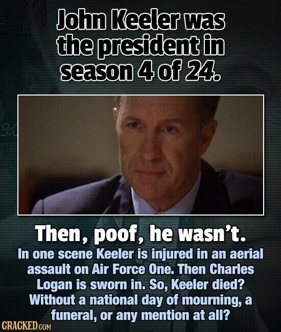 John Keeler was the president in season 4 of 24. 9:0 Then, poof, he wasn't. In one scene Keeler is injured in an aerial assault on Air Force One. Then Charles Logan is sworn in. So, Keeler died? Without a national day of mourning, a funeral, or any mention at all? CRACKED.COM