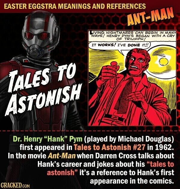 EASTER EGGSTRA MEANINGS AND REFERENCES ANT-MAN LIVING NIGHTMARES CAN BEGIN IN MANY WAYS! HENRY PYM'S BEGAN WITH A CRY OF TRIUMPH! IT WORKS! I'VE DONE IT!! TALES TO ASTONISH Dr. Henry Hank Pym (played by Michael Douglas) first appeared in Tales to Astonish #27 in 1962. In the movie Ant-Man when Darren Cross talks about Hank's career and jokes about his tales to astonish it's a reference to Hank's first appearance in the comics. CRACKED.COM