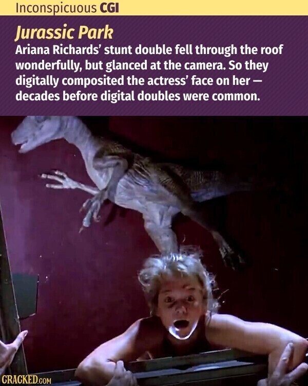 Inconspicuous CGI Jurassic Park Ariana Richards' stunt double fell through the roof wonderfully, but glanced at the camera. So they digitally composited the actress' face on her- decades before digital doubles were common. CRACKED.COM